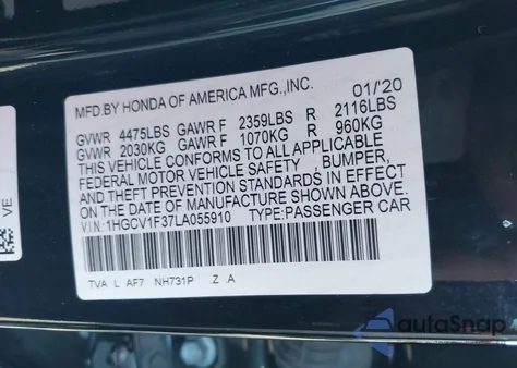 2020 Honda Accord Sport z USA, uszkodzony, nr VIN 1HGCV1F37LA055910